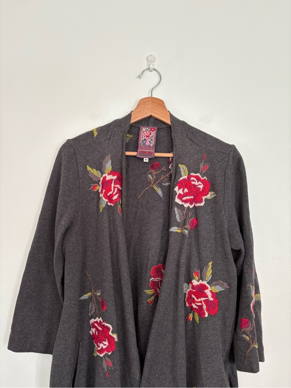 Johnny Was || Auri Draped Cardigan Coat Embroidered Floral Belted Gray Pink M View 4